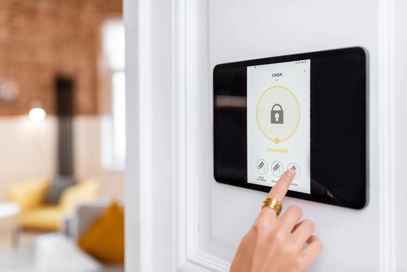 Smart home control panel mounted on a wall